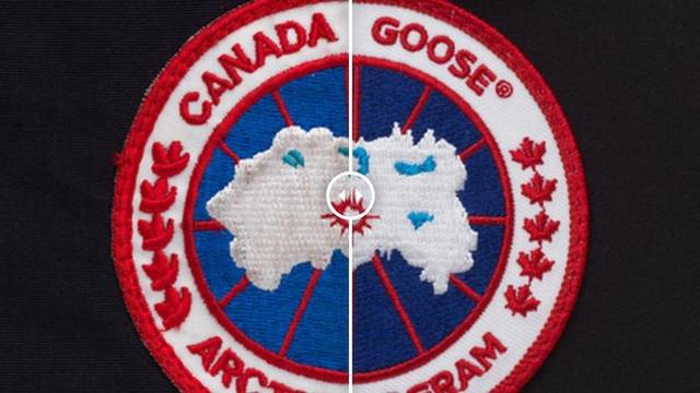 真假大鹅商标对比,假的(左)做工粗糙(图片来自canada goose网站)